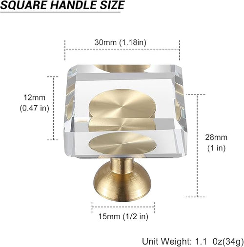 12-Pack 1-1/4-Inch White Cabinet Glass Crystal knobs Brass Drawer Round Knobs Dresser Pulls, Gold Hardware Kitchen Closet knobs for Bifold Doors (Square-1.2inch, 12-Pack)