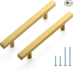JOY DECOR 30 Pack 4 Inch Brushed Brass Square Cabinet Handles Stainless Steel Cabinet Hardware Pulls for Kitchen and Drawers with 6-2/5 Inch Overall Length
