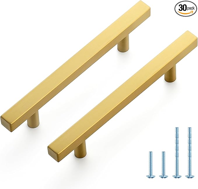 JOY DECOR 30 Pack 4 Inch Brushed Brass Square Cabinet Handles Stainless Steel Cabinet Hardware Pulls for Kitchen and Drawers with 6-2/5 Inch Overall Length