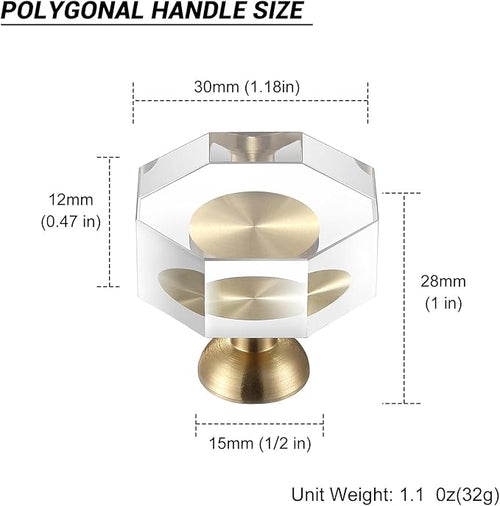12-Pack 1-1/4-Inch Gold knob Dresser knobs White Cabinet Glass Crystal knobs Brass Drawer Polygonal Dresser Pulls, Drawer pulls