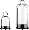 5" & 4" Wide Versatile Metal Candle Holder in Black with Handmade Thick, Heavy & Sturdy Glass Dome for Pillar Candle, Industrial, Modern, Shelf, Mantel, Veranda, Porch (2, Black, Large & Small)