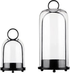 5" & 4" Wide Versatile Metal Candle Holder in Black with Handmade Thick, Heavy & Sturdy Glass Dome for Pillar Candle, Industrial, Modern, Shelf, Mantel, Veranda, Porch (2, Black, Large & Small)