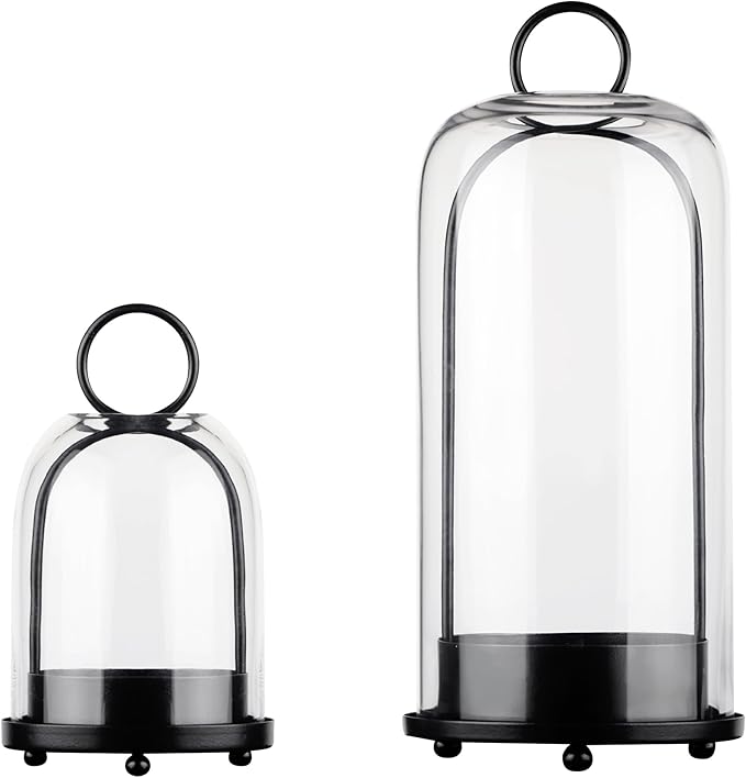 5" & 4" Wide Versatile Metal Candle Holder in Black with Handmade Thick, Heavy & Sturdy Glass Dome for Pillar Candle, Industrial, Modern, Shelf, Mantel, Veranda, Porch (2, Black, Large & Small)