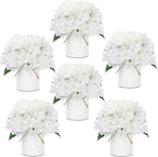 Flower Table Centerpieces - Set of 6 Floral Arrangement Artificial Wedding Hydrangeas Floral Arrangement with Rustic Metal Vase for Bridal Tea Party Event Decorations - White