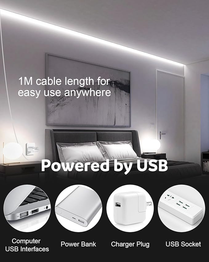 Aclorol USB Led Light Strip COB Led Strip Lights 5V Daylight Cold White 6000K 3.28FT 320Leds Flexible TV Led Lights USB Powered 1M for Under Cabinet Kitchen Living Room Shelving or Displays