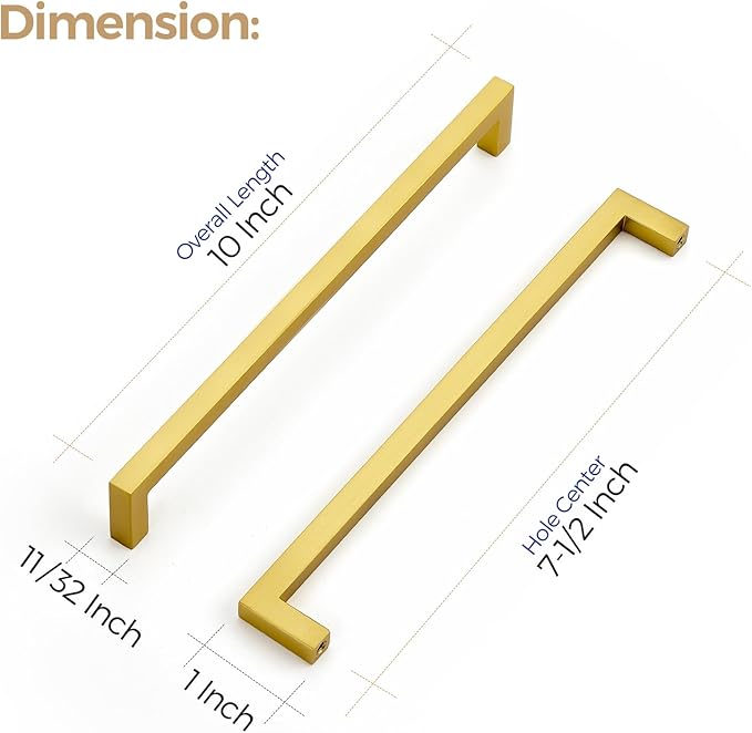 Ravinte 10 Pack Solid Kitchen Cabinet Handles Gold Slim Drawer Pulls with 7-1/2 Inch Hole Center Square Bar Kitchen Cabinet Hardware Brushed Brass Cupboard pulls