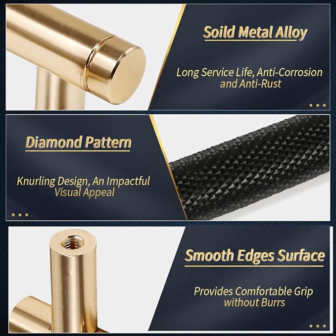 Knurled Cabinet Pulls 12 Pack, 16 Inch Long Cabinet Handles Metal Door Pulls, Kitchen Drawer Pull Knurled Dresser Handles - 10" Hole to Hole, Black & Gold