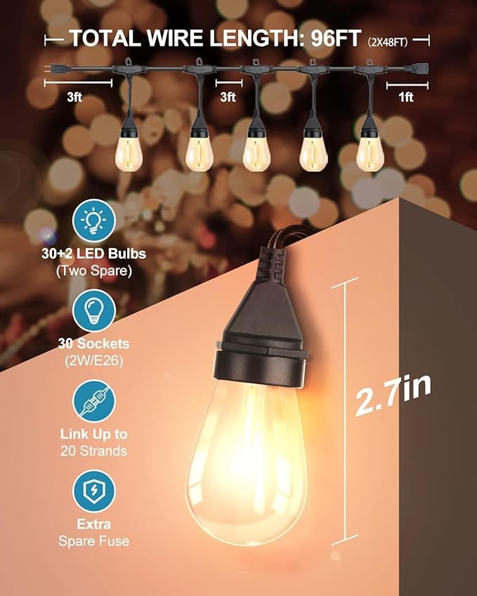Lightdot 96FT (2x48FT) Outdoor Led Patio Lights, ETL Listed Led String Lights with Shatterproof Edison Vitage Bulbs, Commercial Grade Hanging Light for Patio Cafe Bistro Backyard