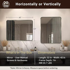 ANDY STAR 40x32 Inch Brushed Nickel Bathroom Mirror, Rounded Rectangle Bathroom Vanity Mirrors for Wall, Anti-Rust SUS304, Seamless Tube Metal Frame, 1’’ Deep Wall Mounted Vertically/Horizontal
