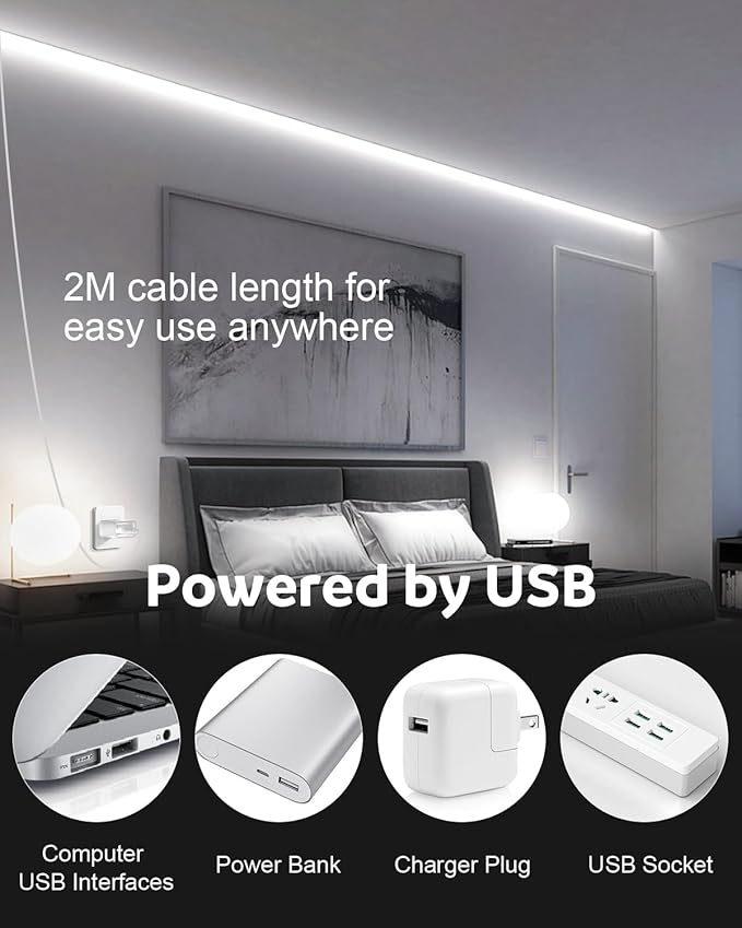 Aclorol USB COB LED Strip Lights for TV 5V USB Powered LED Tape Lights Daylight White 6.56FT 320Leds/M 6000K COB Flexible Light Strip TV Led Backlight for Bedroom Under Cabinet Kitchen DIY