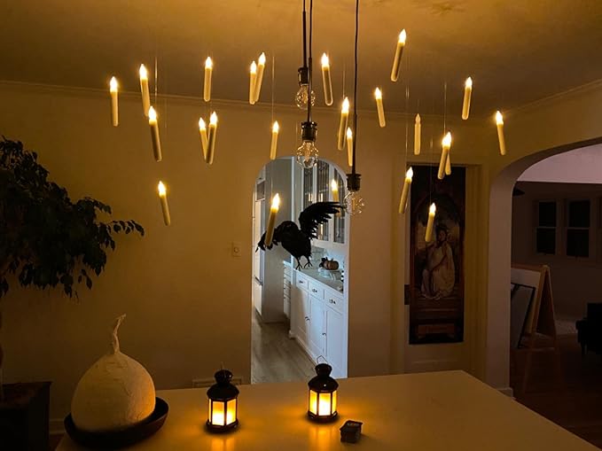 Homemory Hanging Floating Candles with Wand Remote and String, 12 Pcs Flying Flameless LED Taper Candles Warm White Light, Battery Operated Window Candles with Wand for Halloween Christmas Party