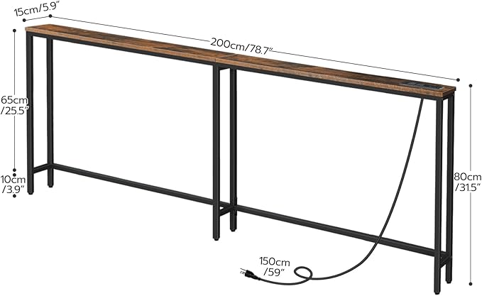 HOOBRO 78.7" Narrow Console Table with Charging Station, 5.9" Sofa Table with 2 Power Outlets and USB Ports, Long Entryway Tables Behind Couch Table, for Hallway, Living Room, Rustic Brown BF205UXG01