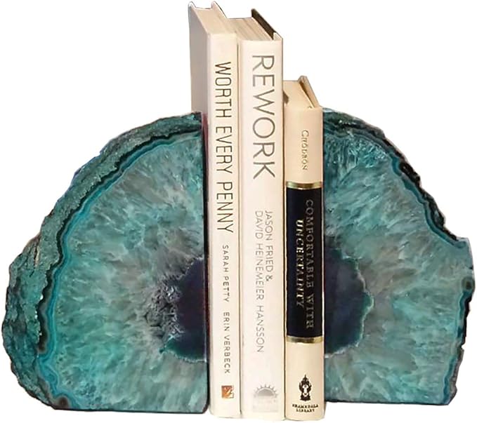 AMOYSTONE Agate Geode Bookends Heavy Duty Stone Book Ends Decorative Bookend Holder Home Office Decor with Rubber Bumpers Teal 1 Pair, 2-3 LBS