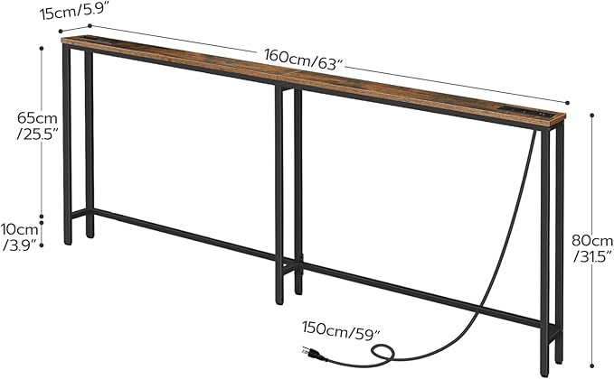 HOOBRO 63" Narrow Console Table with Charging Station, 5.9" Sofa Table with 2 Power Outlets and USB Ports, Long Entryway Tables Behind Couch Table, for Hallway, Living Room, Rustic Brown BF165UXG01