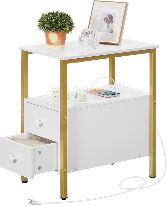 HOOBRO End Table with Charging Station, Narrow Side Table with 2 Drawer & USB Port & Power Outlets, Nightstand for Small Spaces, Stable and Sturdy, for Living Room, Bedroom, Gold and White DW541BZ01