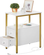 HOOBRO End Table with Charging Station, Narrow Side Table with 2 Drawer & USB Port & Power Outlets, Nightstand for Small Spaces, Stable and Sturdy, for Living Room, Bedroom, Gold and White DW541BZ01