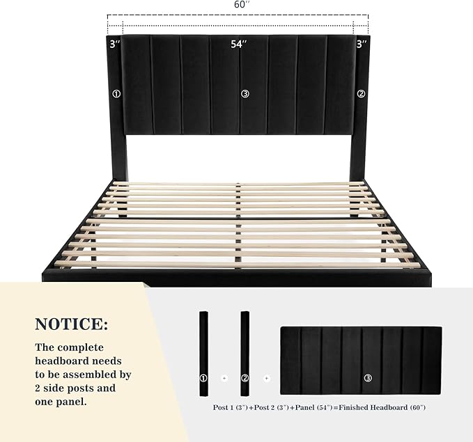 Allewie Queen Bed Frame/Velvet Upholstered Bed Frame with Vertical Channel Tufted Headboard/Strong Wooden Slats/Platform Bed Frame/Mattress Foundation/Box Spring Optional/Easy Assembly/Black