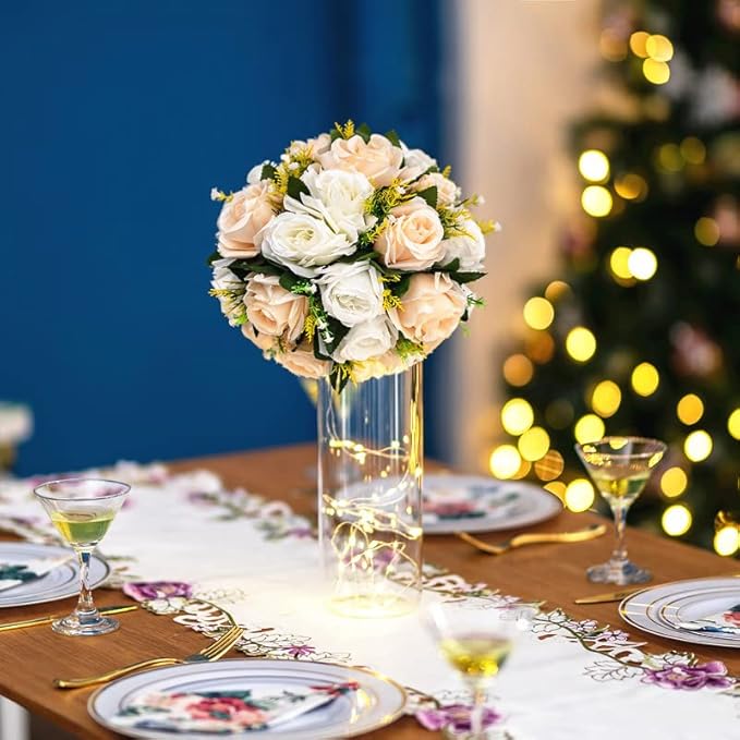 Flower Balls Wedding Rose Centerpieces: 10 Pcs Fake Flowers with Base Kissing Balls Decor Champagne &White Artificial Floral Arrangements Flower Bouquet of Roses Home Party Table DIY Decorationss