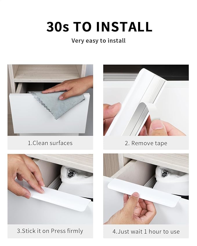 5 Pack 8 inch self Adhesive Cabinet pulls Adhesive Cabinet Handles Drawer Edge pulls Bright White Stick on Handles for Cabinet Finger pulls for Cabinet Adhesive Flat Concealed Drawer Handles