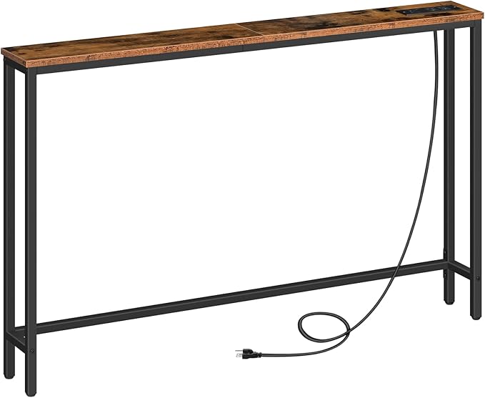 HOOBRO 47.2" Narrow Console Table with Power Outlet, 5.9" Behind Couch Table with Charging Station, Long Sofa Side Table, Skinny Entryway Table for Living Room, Hallway, Foyer, Rustic Brown BF15XG01G1
