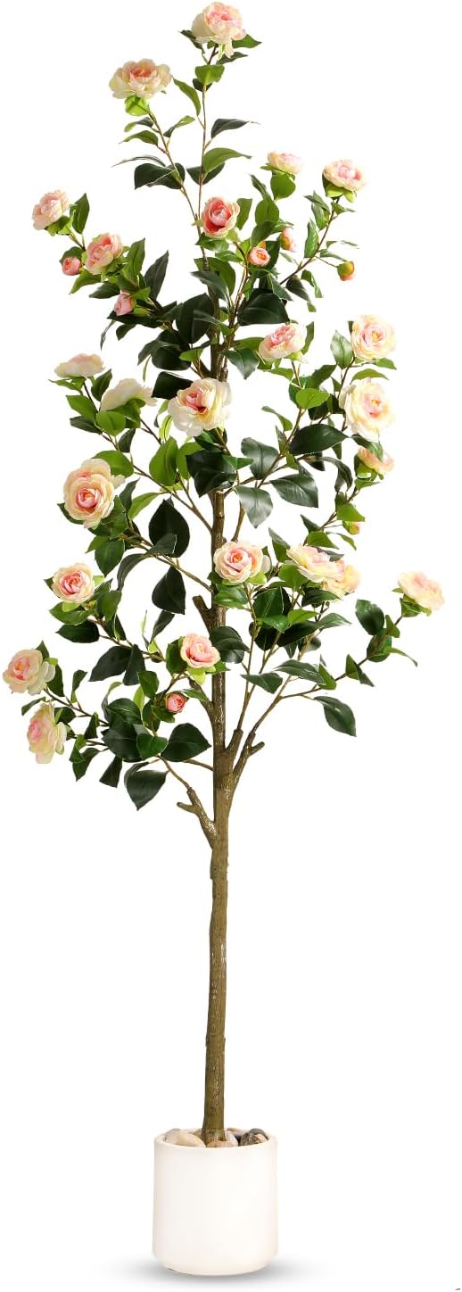 6FT Artificial Camellia Tree with White Planter & Pebbles,Faux Flower Tree with Lifelike Leaves and Realistic Trunk,Tall Fake Potted Plant for Home Décor Indoor Outdoor. (White, 6FT)