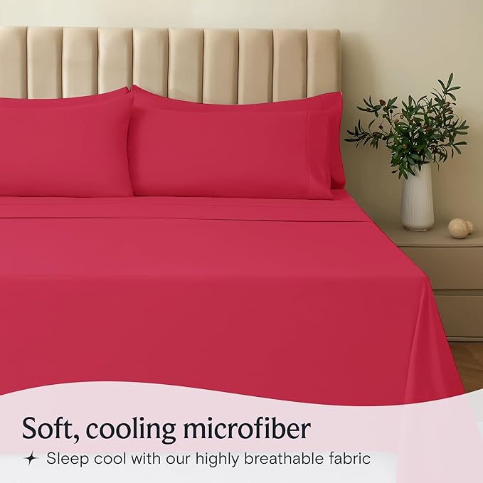 LuxClub 4 PC Sheet Set Bed Sheets Deep Pockets 16" Eco Friendly Wrinkle Free Cooling Machine Washable Hotel Bedding Silky Soft - Red King