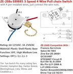 2PS Ceiling Fan Switch Zing Ear ZE-208s E89885 3 Speed 4 Wire Pull Chain Switch Fan Light Switches Replacement Part with 4 Pre-Installed Wires(Brass Chain)