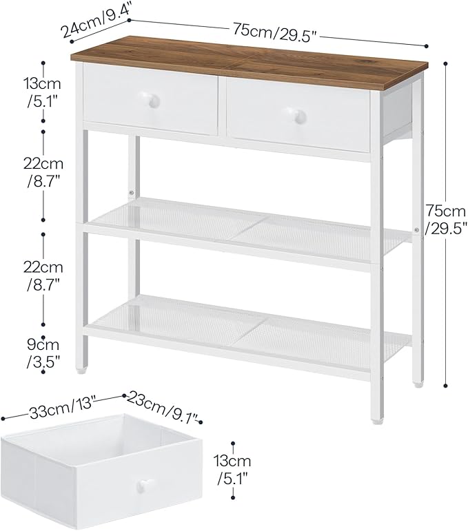 HOOBRO 29.5" Narrow Console Table with 2 Fabric Drawers, Sofa Table, Small Entryway Table with 3-Tier Storage Shelves, Behind Couch Table, for Living Room, Hallway, Walnut and White WH72XG01