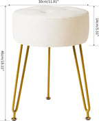 IBUYKE Faux Leather Round Footrest Stool, Makeup Vanity Stool Side Table, PU Dressing Table Seat, Pouf Couch Stool, Golden Steel Legs, White LG-31W
