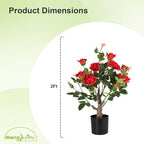 Artificial Rose Flower Trees 2 Pack- 24’’ Lifelike Plant in Pot with Red Flowers Decorative Rose Trees for Home, Office, Wedding, and Event Decor, Red