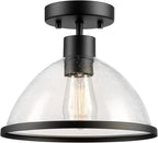 GLOBE Electric 60000121 1-Light Outdoor Flush Mount Ceiling Light, Matte Black, Seeded Glass Shade, Weather Resistant, Indoor