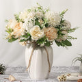 JARELING Peonies Artificial Flowers in Vase, Fake Hydrangea Silk Peony Flower Bouquet with Vase Faux Flowers Arrangement Decor Home Table Dining Room (White)