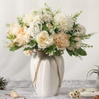 JARELING Peonies Artificial Flowers in Vase, Fake Hydrangea Silk Peony Flower Bouquet with Vase Faux Flowers Arrangement Decor Home Table Dining Room (White)