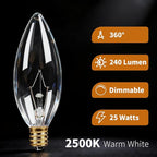 12-Pack E12 Candelabra Light Bulbs 25W, Dimmable Warm White 2500K Chandelier Light Bulbs for Indoor, B10 Clear Bulbs (Gold Base)