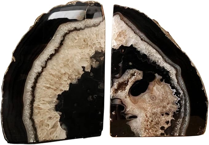 AMOYSTONE Geode Bookends Heavy Duty AgateStone Bookend Decorative Large Crystal Quartz Book Natural Black with Rubber Bumpers(1 Pair, 6-8 LBS)