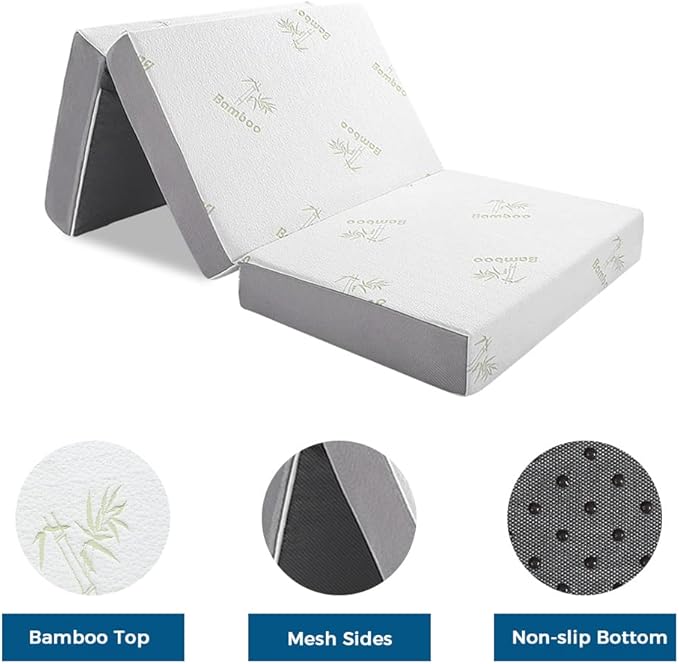 Inofia Twin Folding Mattress, 6 Inch Trifold Memory Foam Mattress with Ultra Soft Removable Cover, Non-Slip Bottom & Breathable Mesh Sides, Foldable & Portable - Twin Size (78" x 38" x 6")