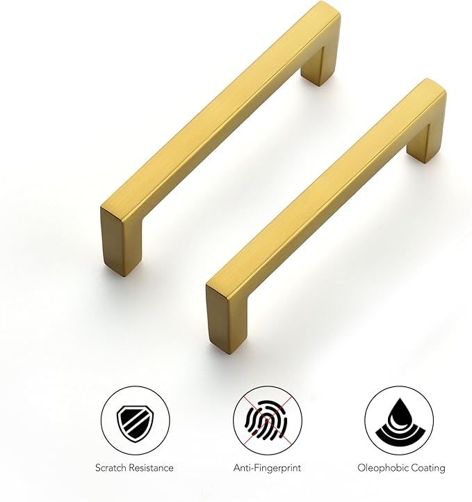 Ravinte 10 Pack Solid Kitchen Cabinet Handles Gold Slim Cabinet Pulls Drawer Pulls with 3-1/2 Inch Hole Center Square Bar Kitchen Cabinet Hardware Brushed Brass Cabinet pulls