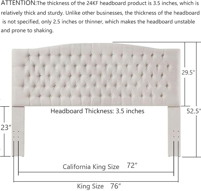 24KF Upholstered Tufted Button Linen Fabric Headboard,Comfortable Fashional Headboard King/CA King Size,Ivory