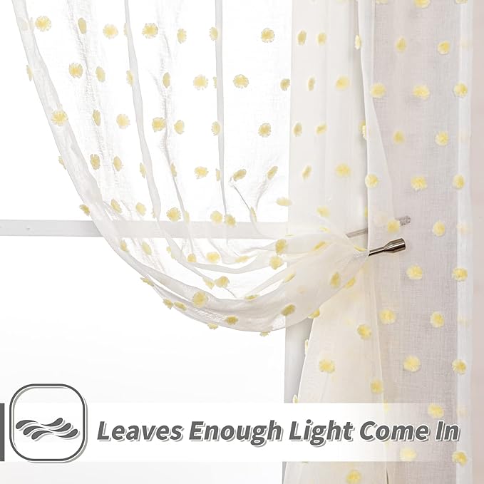 MYSKY HOME Pom Pom White Sheer Curtains for Girls Bedroom Mustard Yellow Curtains for Nursery 84 Inch Long Living Room Curtains 2 Panels Light Filtering Rod Pocket Window Drapes 52 x 84 inch