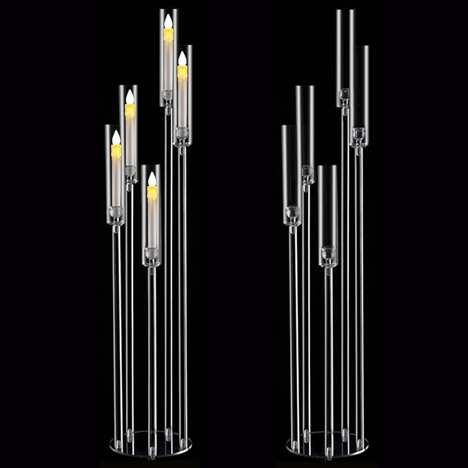 2pcs 5 Arm Floor Candelabra,Acrylic Floor Candle Holder for Wedding Centerpiece Tall Clear Candle Holders for Ceremony Birthday Party Home Decoration Fit 0.8 LED Candles