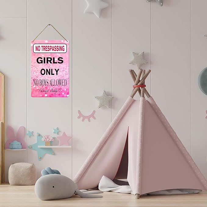No Trespassing Girls Only Wood Sign, 8x12 Inch, No Boys Allowed Sign for Girl Cave