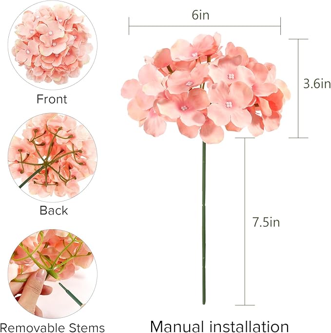 Auihiay 64 PCS Full Hydrangea Flowers, Silk Hydrangea Artificial Flowers Heads with Stems, Artificial Flowers for Wedding, Garden, Baby Shower, Party, Outdoor Indoor Decoration (Light Peach)