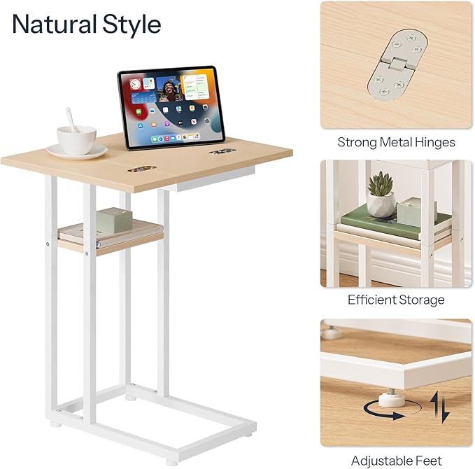 HOOBRO Foldable End Table, C Shaped Side Table with Storage Shelf, Small Snack Table Suitable for Living Room Bedroom Small Spaces, Easy Assembly, White and Natural WN29SF01