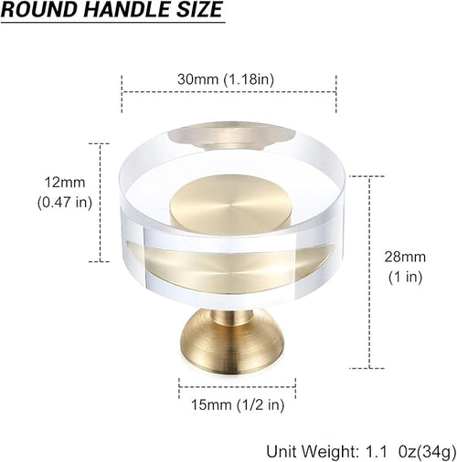 12-Pack 1-1/4-Inch White Cabinet Glass Crystal Brass knobs Brass Drawer Round Knobs Dresser Pulls, Gold Hardware Kitchen Closet knobs for Bifold Doors