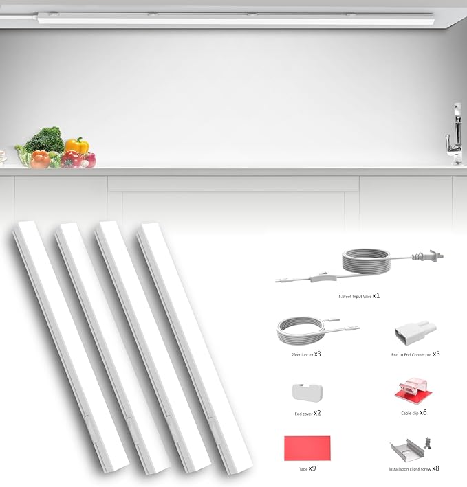 Under Cabinet Lighting Plug in, 12 Inch 4 Pcs, Linkable AC120V 3CCT 3000K/4000K/5000K Ultra Slim, LED Under Cabinet Lights for Counter Light, Kitchen, Shelf, Sink, Workshop, Desk, White