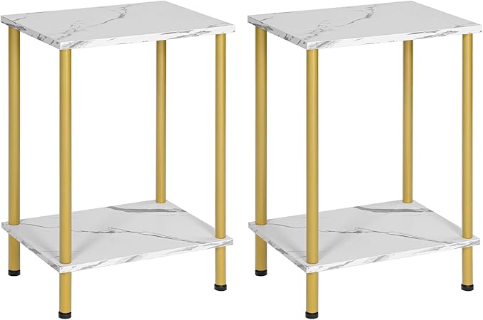 HOOBRO End Tables Set of 2, Small Side Table, Nightstand with 2-Layer Storage Shelves, Sofa Table for Small Spaces, Living Room, Bedroom, Stable Frame, Easy Assembly, Gold and Marble DM09BZP201