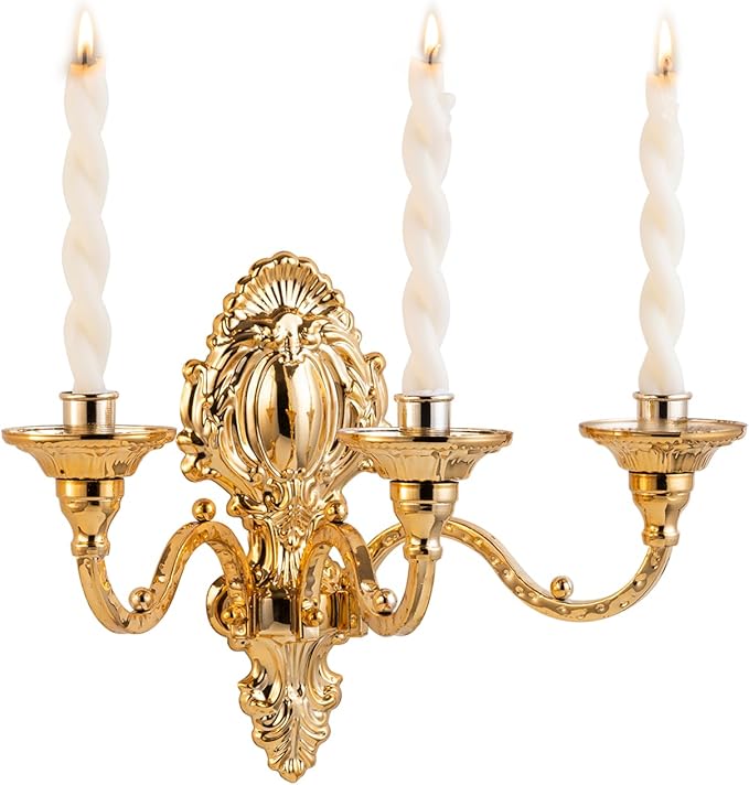 3-Candle Wall Sconces,Victorian Metal Wall Mounted Candlestick,Gold Crown Candle Holders for Tapered Candle,Gothic Antique Candelabra,Brass Baroque Decor for Living Rooms Hallways(1pack