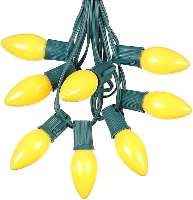 25 Foot C9 Yellow Ceramic Outdoor Christmas String Light Set - Opaque Bulbs - Roofline Light String - Green Wire