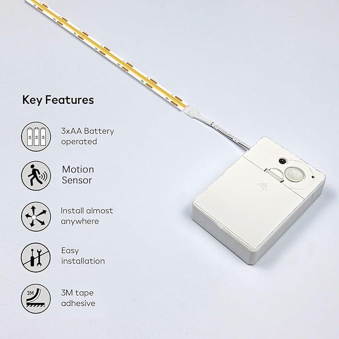 Battery Powered LED Strip Lights, COB Motion Sensor LED Strip Lights 20 inch x 3 Pack for Kitchen Under Cabinet Lighting, Shelves, Under Counter, Closet, Cordless Click Light, Warm White 3000K