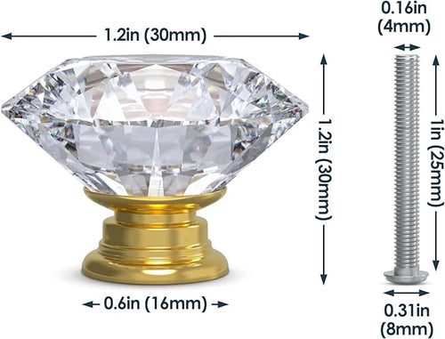 12-Pack Crystal Glass Cabinet Knobs for Home Decor, Vanity Drawers, Desks, Wardrobe Doors, Standard Screws Easy Installation for Home Refurbishment and Redecoration (Clear Crystal, 30mm, Gold Base)
